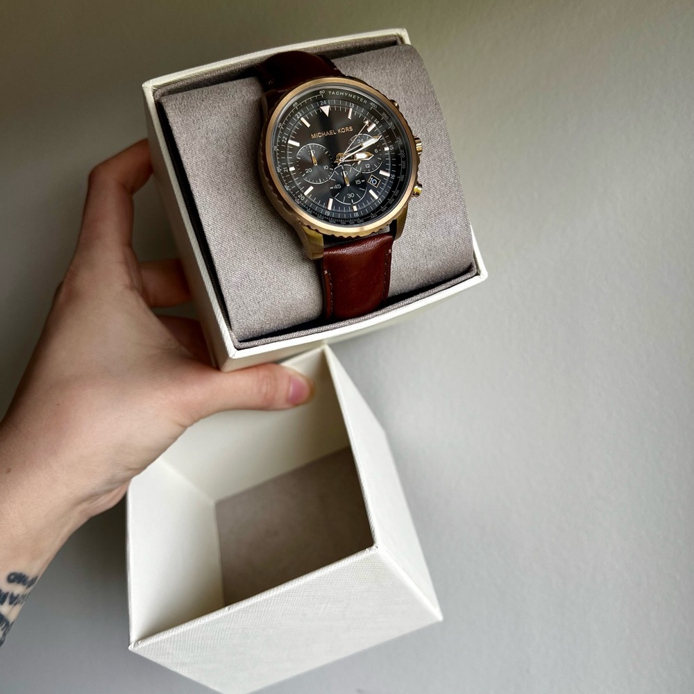 Michael Kors Brown Leather Strap Watch with Gold-Tone Case